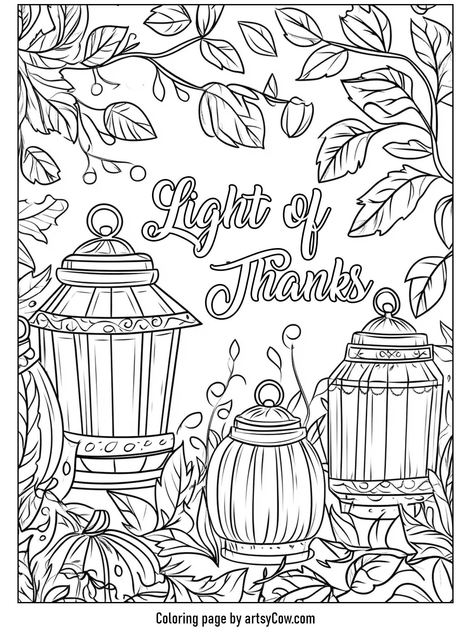 thanksgiving coloring pages for adults featuring intricate lanterns surrounded by falling autumn leaves, showcasing the phrase 'Light of Thanks'.